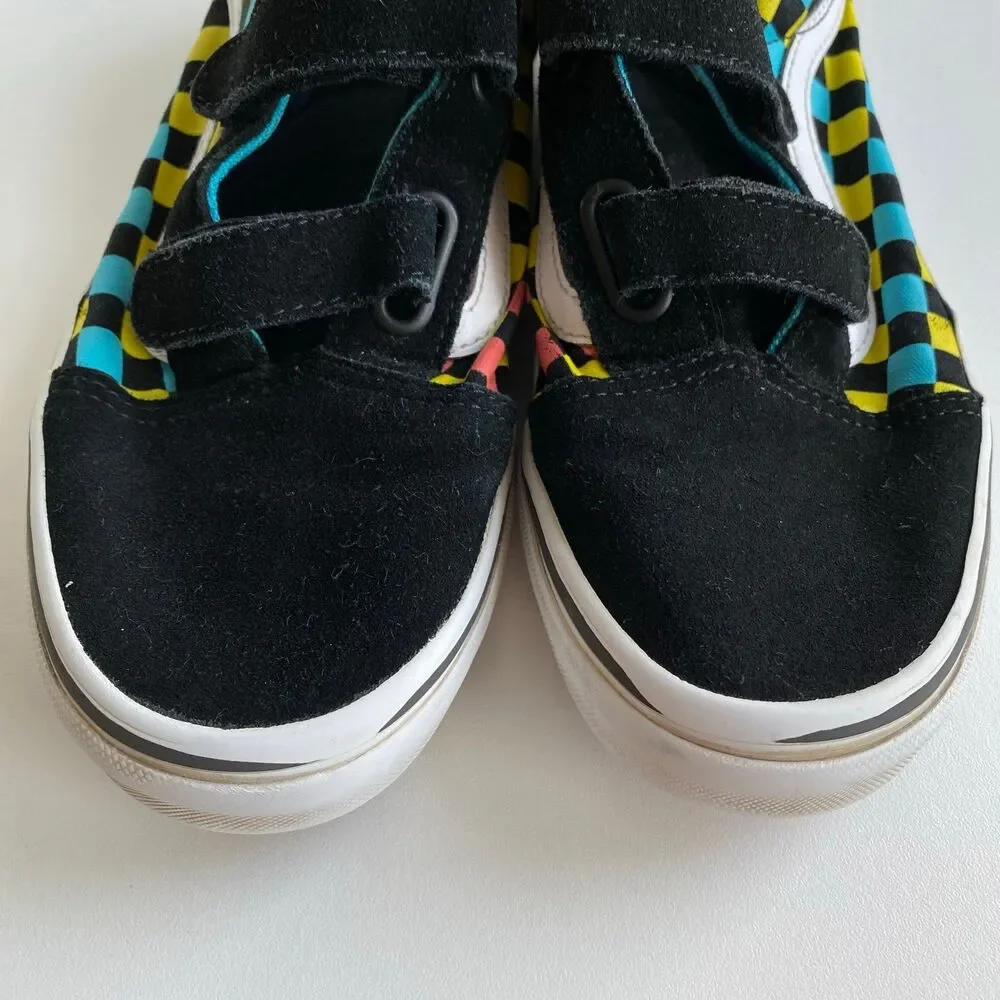Vans Old Skool V Neon Glow Check Black/Multi Unisex Junior‎ 6 Hook Loop Shoes